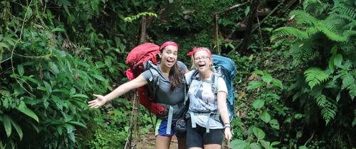 monteverde two female students hiking in cloud forest