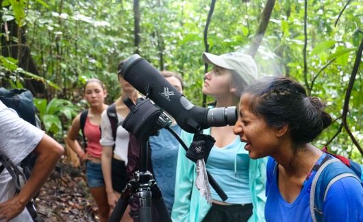 monteverde student looking through telescope at forest canopy