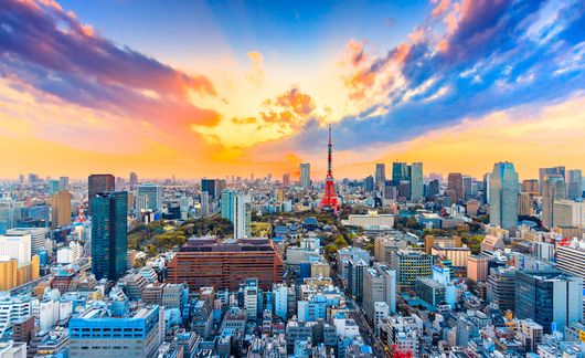 downtown tokyo at sunset