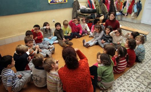 Kids huddled on the floor with their teachers in classroom in Spain