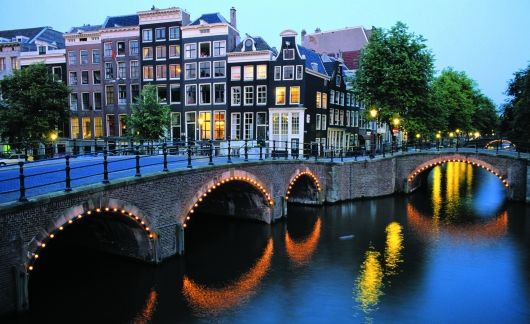 amsterdam bridges nighttime dusk lights