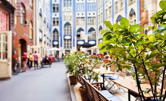 berlin germany plaza eating tables green plant