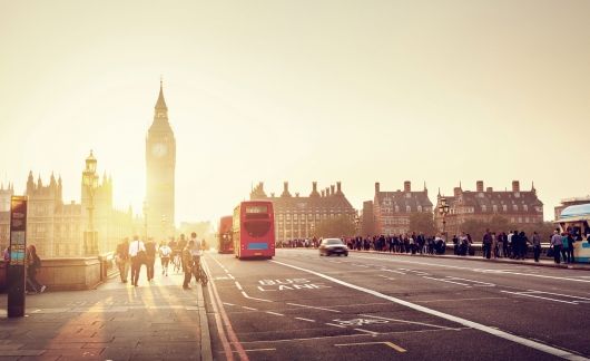 London bridge with bus during sunset