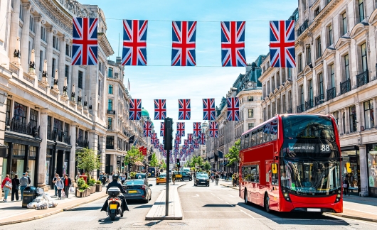 Union Jack decorations above street in London, England
