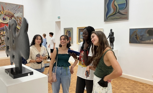 High school students looking at art in French museum