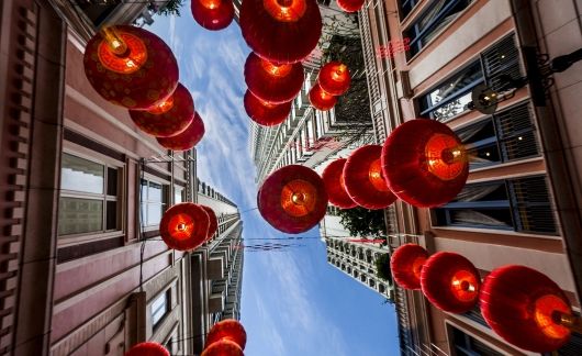 singapore lanterns in street from below