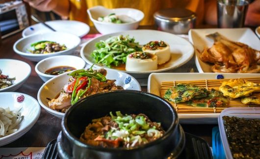 Table full of South Korean food