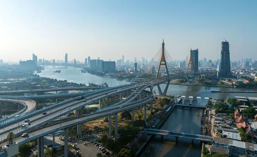 Skyline View of Bhumibol Bridge in Bangkok, Thailand