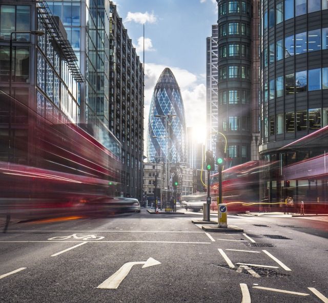 London Gherkin busy street