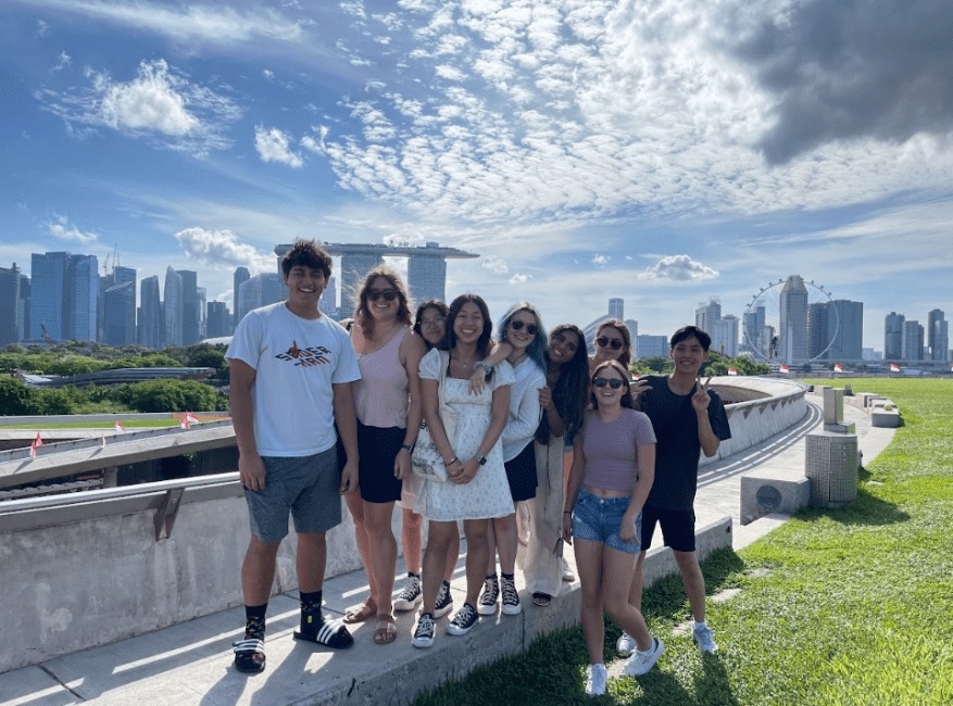 Students taking in the view of the city from the top of the Marina Barrage.