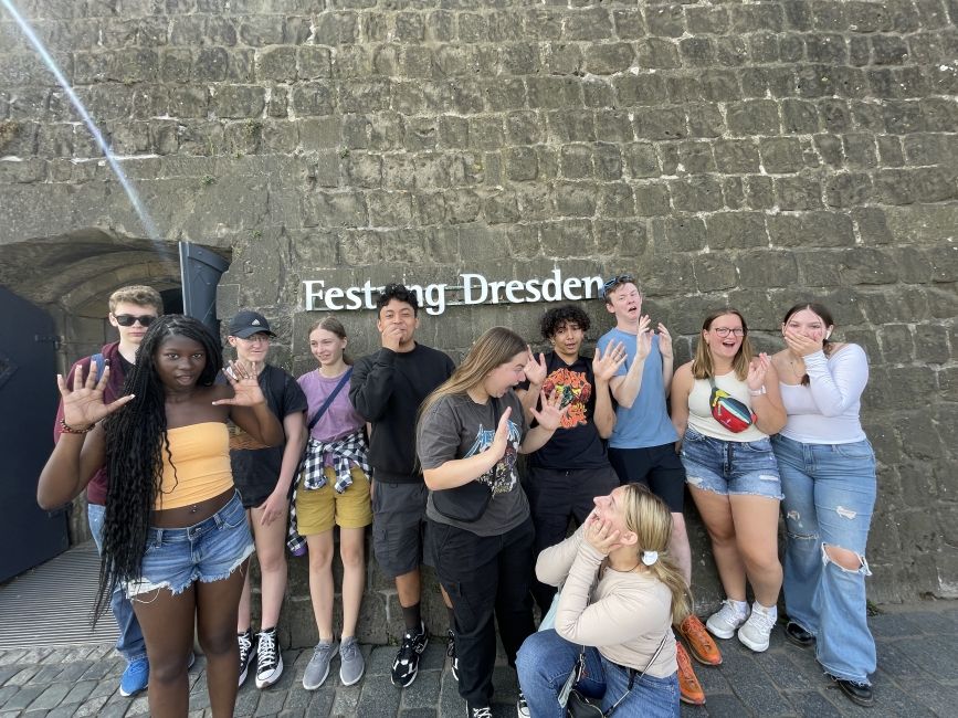 Students outside of the Dresden Fortress for their virtual reality trip through history