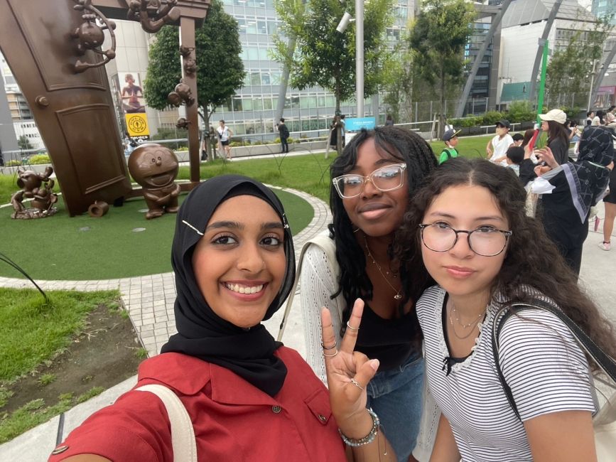 Iman, Ugochi, and Andrea at Miyashita Park's Doraemon Statue