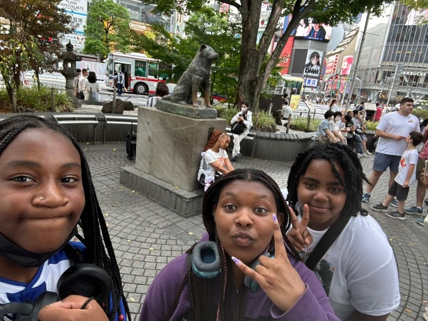 Tiffanie, Taniya, and Ariana with Hachiko in Shibuya