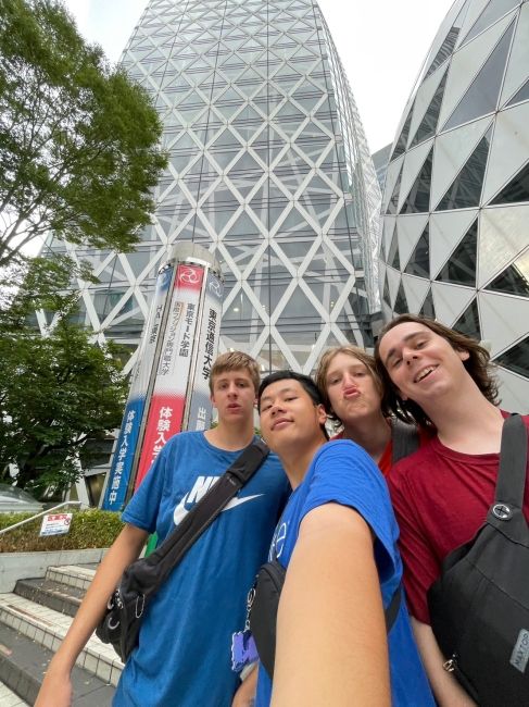 Brett, Isaac, Ben, and Aidan in front of Mode Gakuen Cocoon Tower