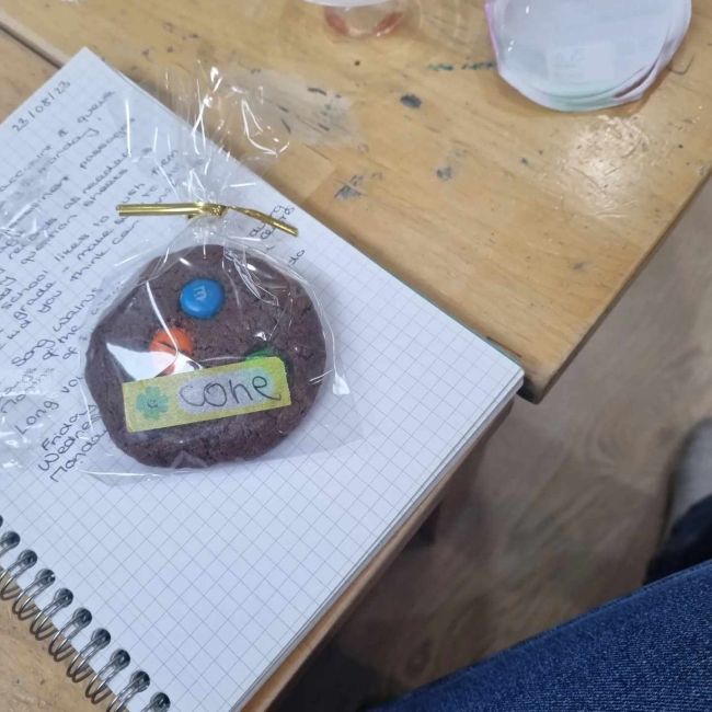A wrapped cookie from a student with my name written on it.