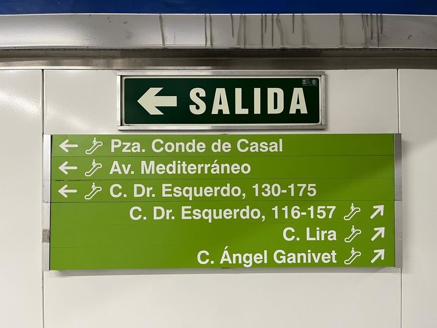 A sign in a metro station showing which way to exit in order to reach various streets