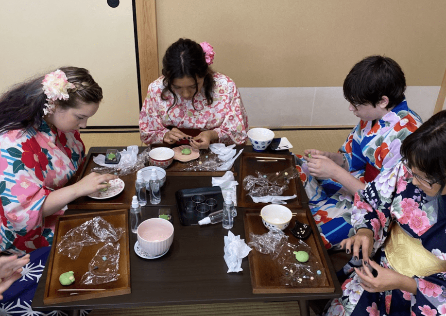 students making a traditional japanese sweet