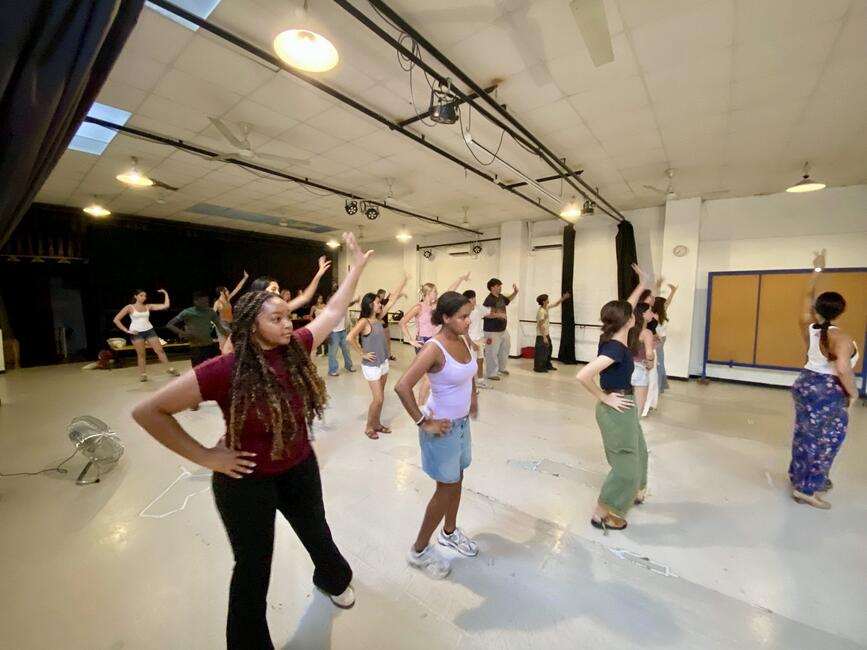 Students learning how to do the arm movements in large group