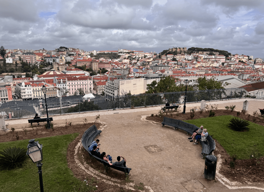 Miradouro de São Pedro de Alcântara with green space, park benches, and an amazing view of the city. 