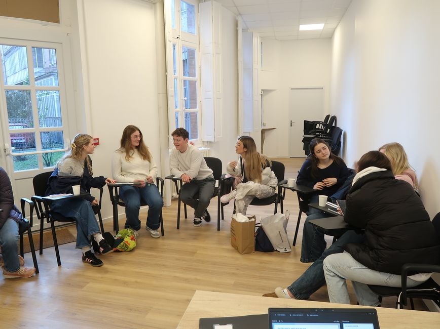 High school students in classroom while studying abroad in France