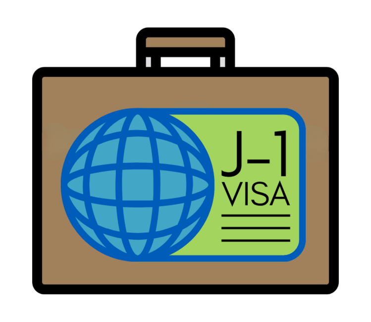 Illustration of a briefcase with the words "J-1 visa" on it.