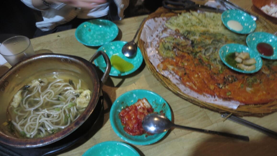 picture of food, including korean jeon and udon.