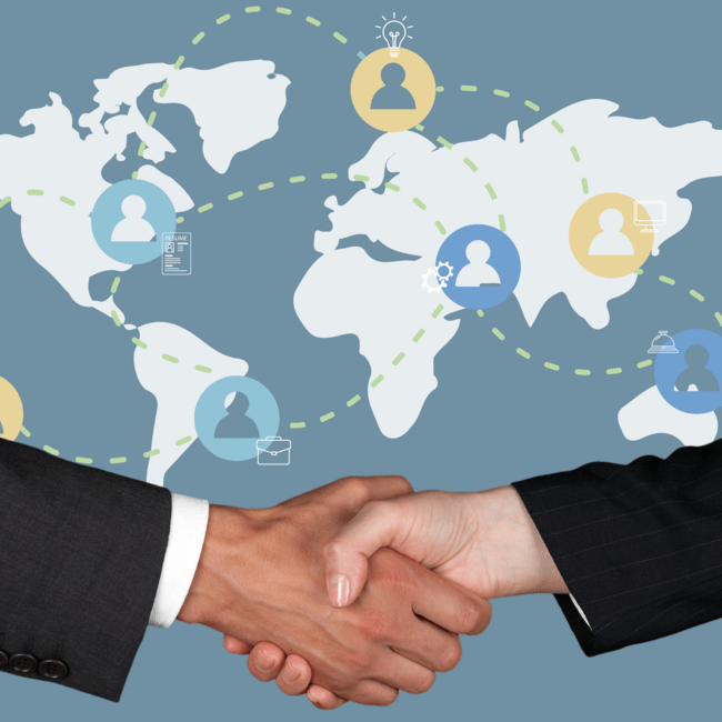 Illustration of hands shaking in front of world map