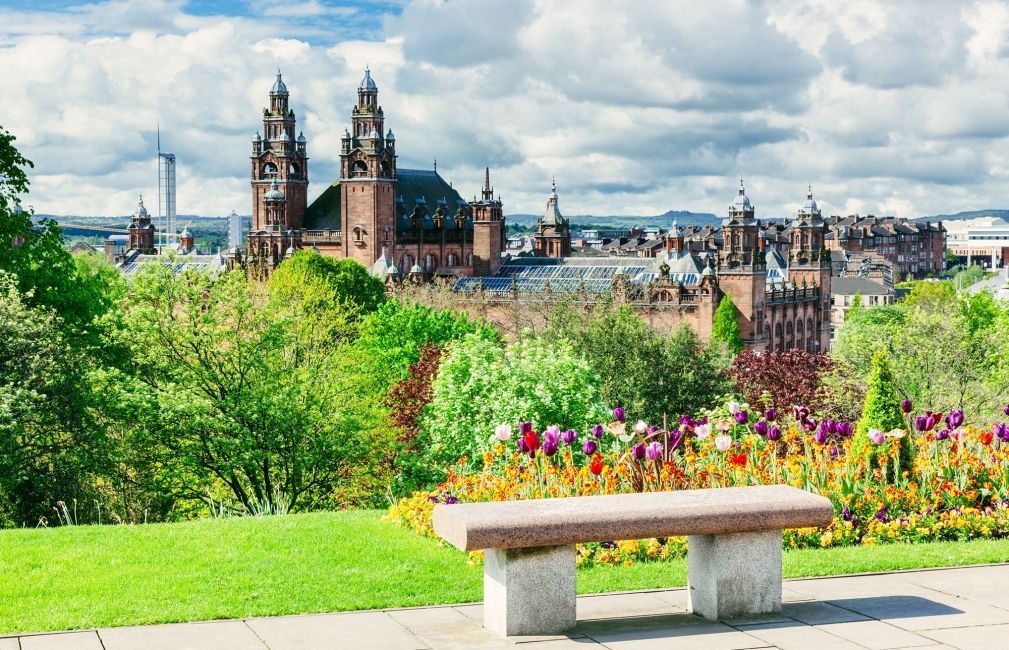 downtown bench glasgow scotland flowers