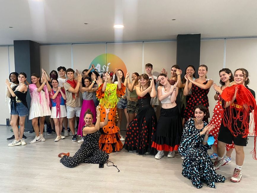 High school students posing after flamenco class in Barcelona