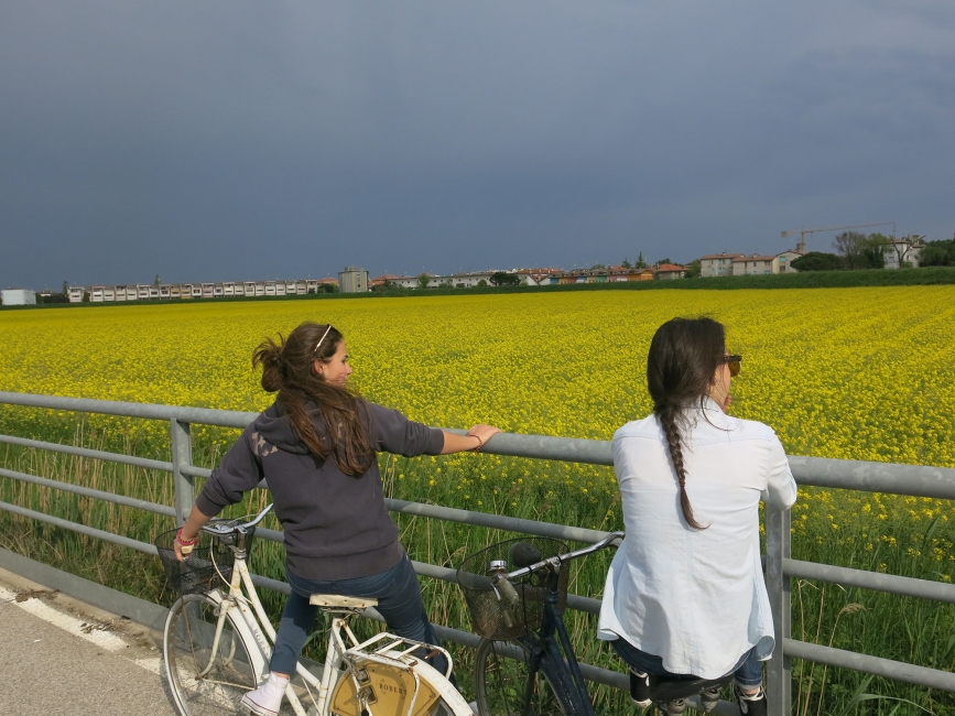 High schoolers on bikes looking at meadow in Naples, Rome