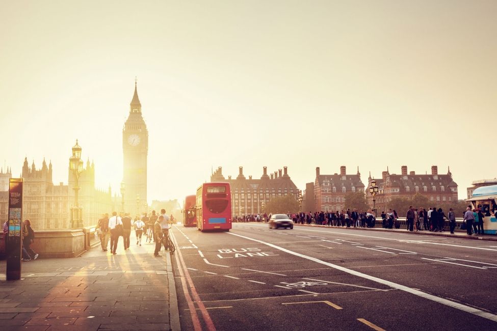 London bridge with bus during sunset