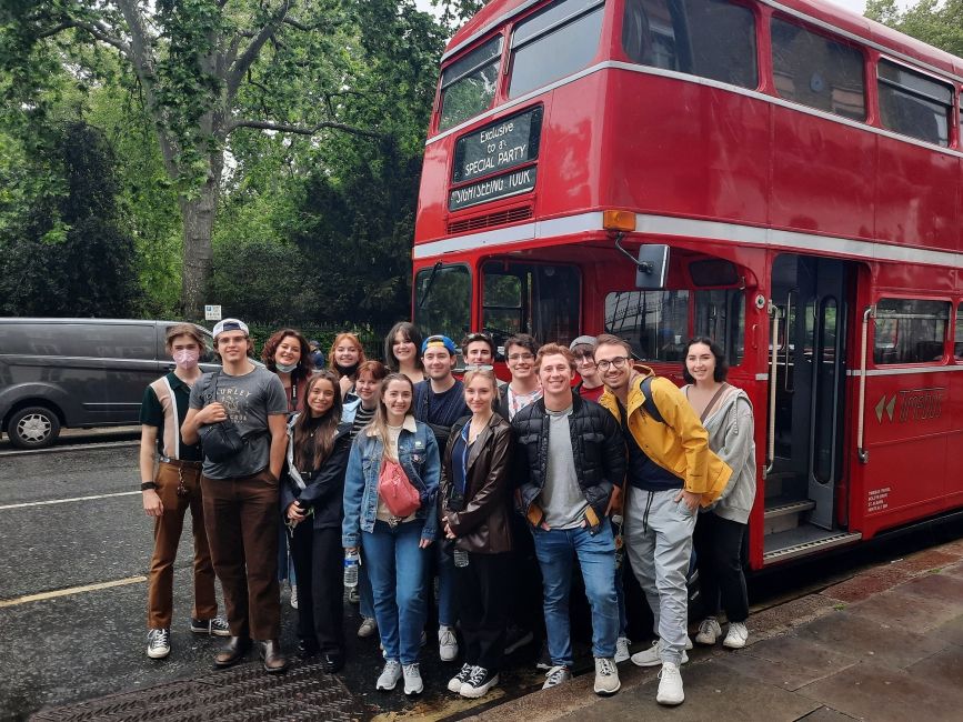 London students by double decker bus