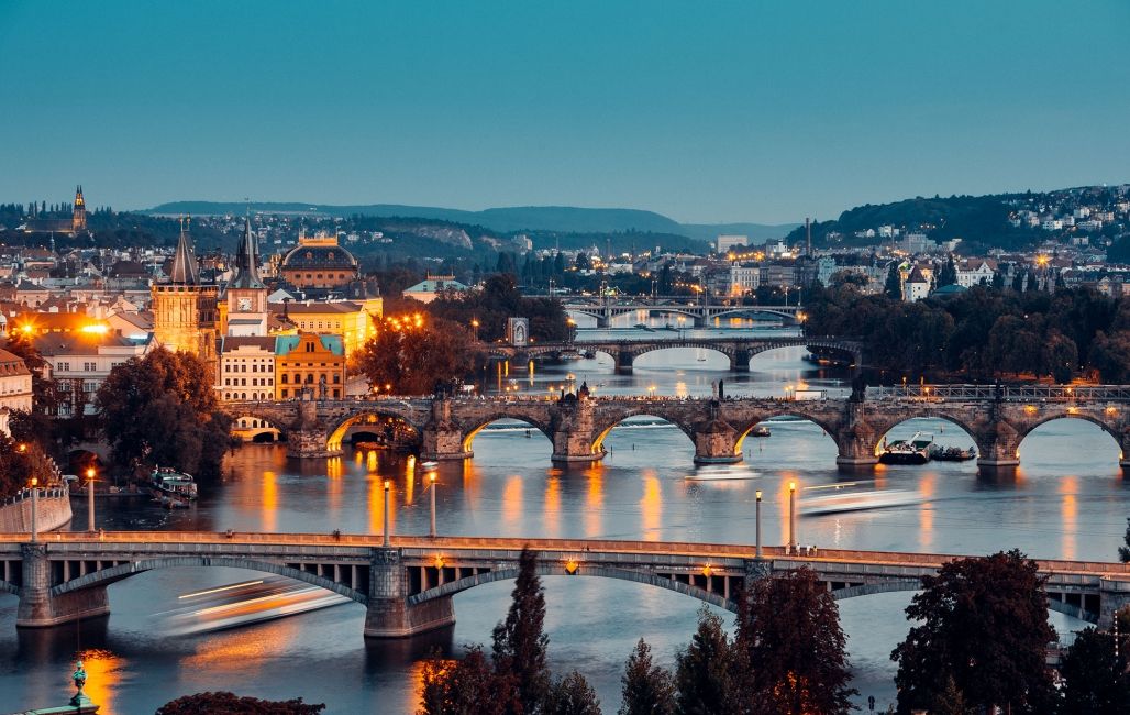 prague bridges at night