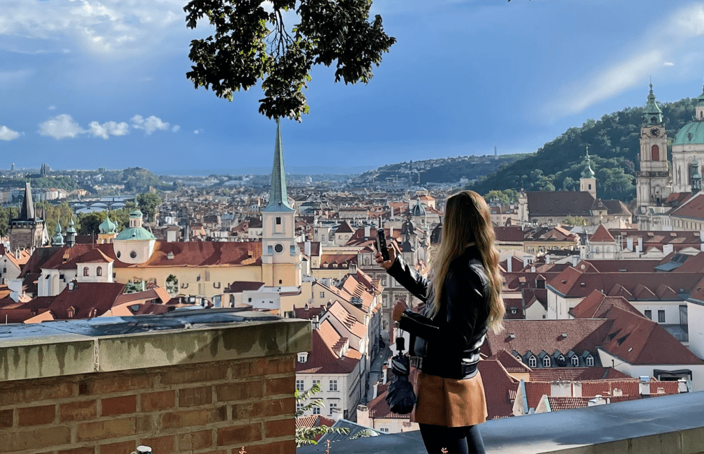prague student overlooking city by center
