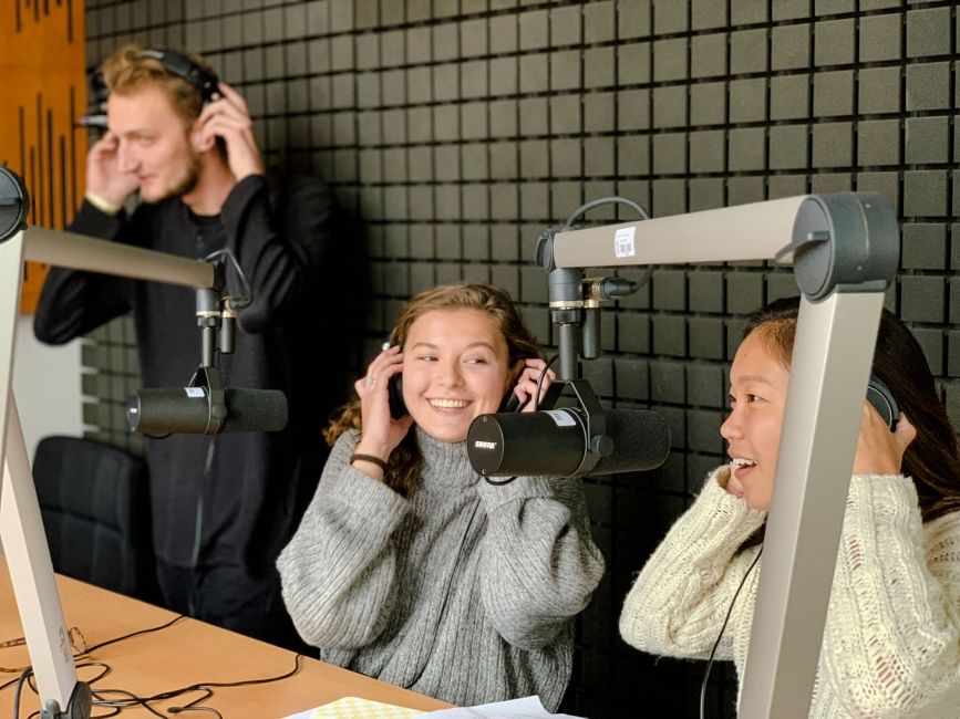 Prague students in audio booth