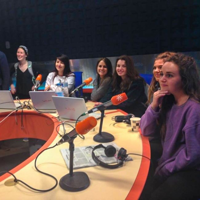 Seville students inside a radio booth