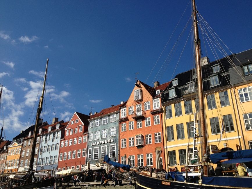copenhagen boats in canal multicolored buildings behind