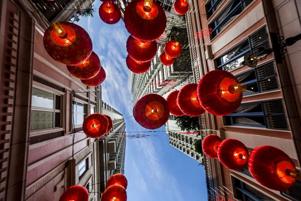 singapore lanterns in street from below