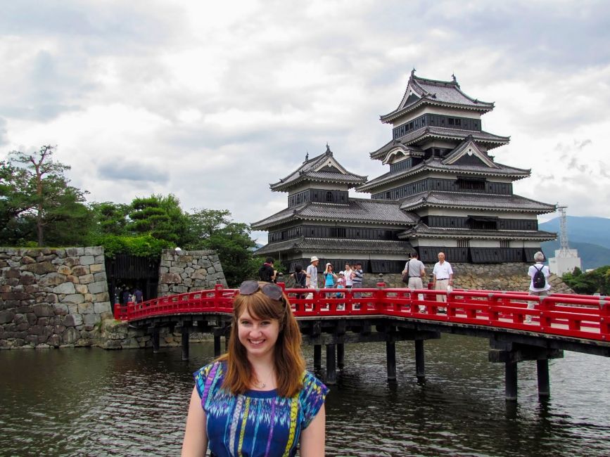 tokyo girl standing in front of a bridge and temple