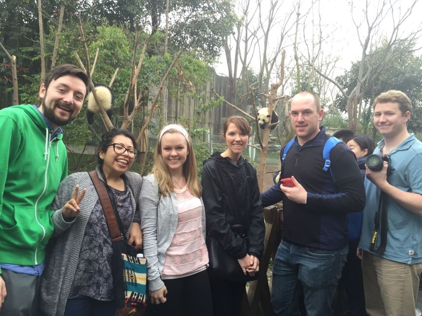 Teach in China group selfie with pandas