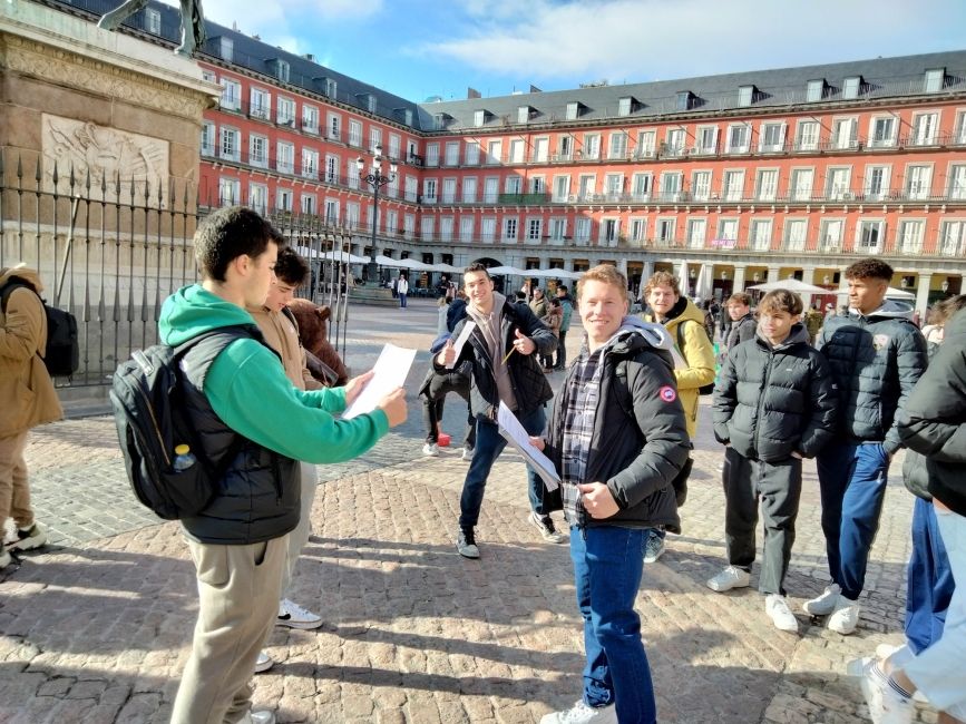 students in Plaza Mayor in Madrid