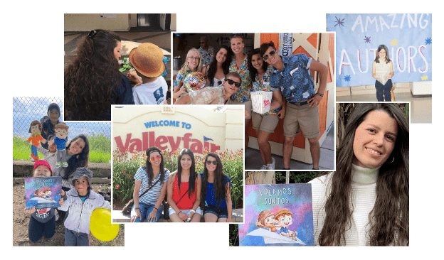A collage of pictures of Andrea Villasmil and other young people at Valleyfair park, teaching children and a photo of her book