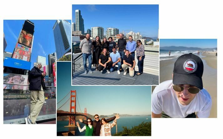 A collage of photos showing students in New York city, san francisco and on the beach