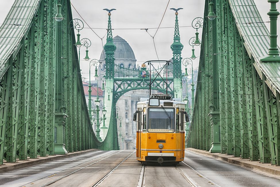 Vintage Cable Car on the Liberty Bridge, Budapest, Hungary