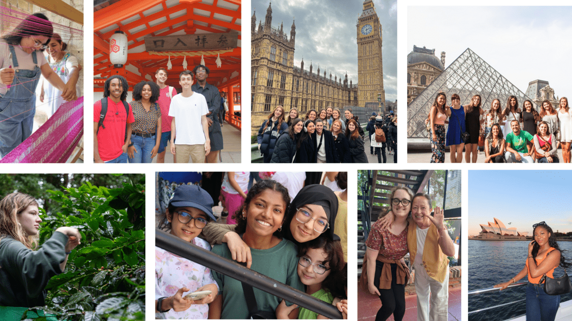 a collage of students in various world locations