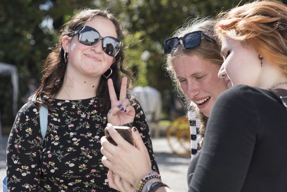 Gap year abroad student posing with peace sign