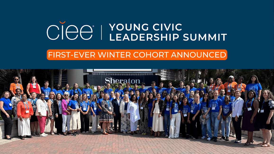 A group photo with 50 people in blue and white shirts and above it says "CIEE Young Civic Leadership Summit. First Ever Winter Cohort Announced"