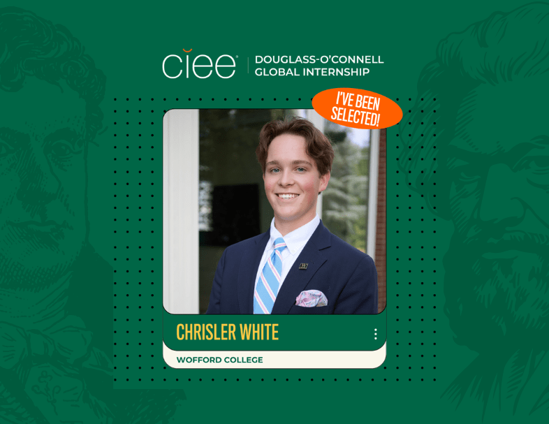 Headshot of a white male student "Chrisler White" with "I've been selected" and the douglass-o'connell fellowship logo