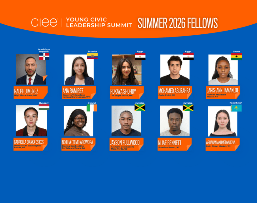 Graphic featuring the CIEE Young Civic Leadership Summit Summer 2026 Fellows. The collage includes headshots of ten fellows from the Dominican Republic, Ecuador, Egypt, Ghana, Hungary, Ireland, Jamaica, and Kazakhstan, with each person's name, home country flag, and U.S. host employer/location displayed beneath their photo.