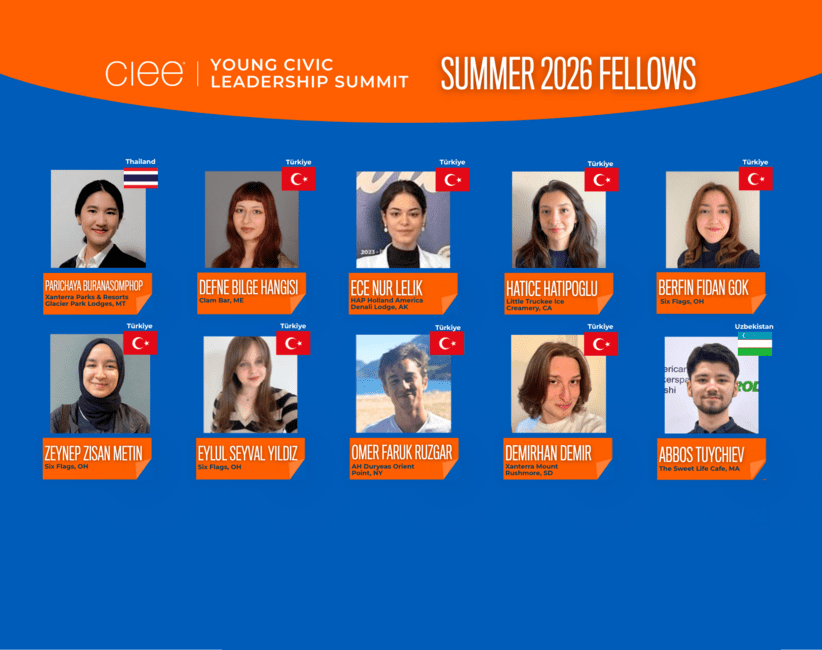Graphic featuring the CIEE Young Civic Leadership Summit Summer 2026 Fellows. The collage includes headshots of ten fellows from Thailand, Türkiye, and Uzbekistan, with each person's name, home country flag, and U.S. host employer/location displayed beneath their photo.